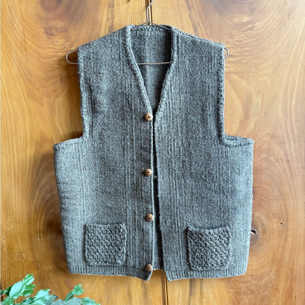 Vintage Men's Charcoal Hand Woven Vest with Wooden Buttons